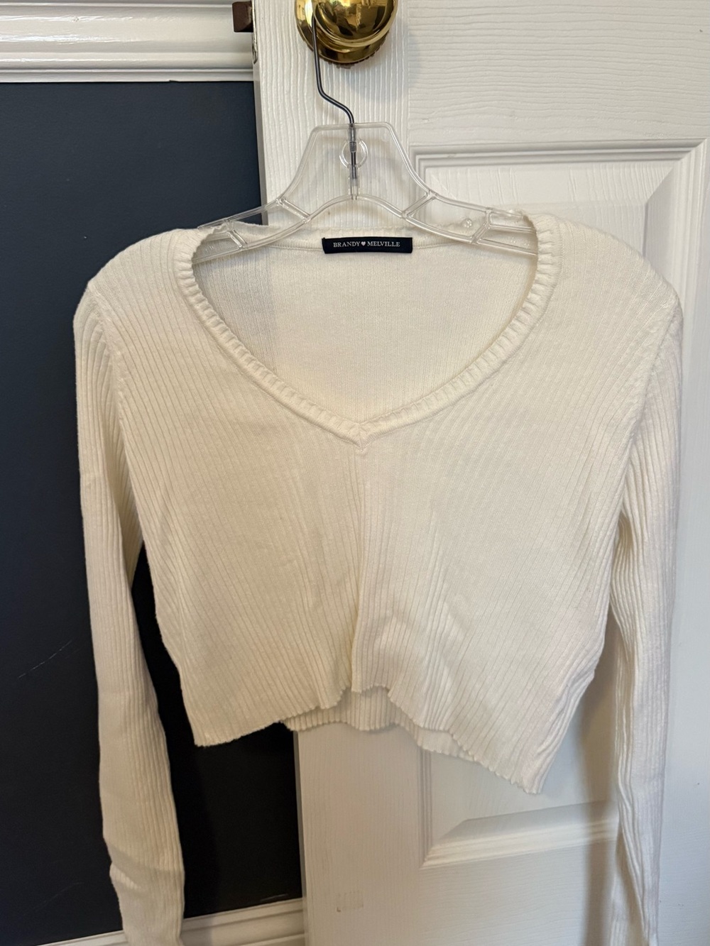 Brandy Melville Cream Ribbed V-Neck Cropped Long Sleeve Top
